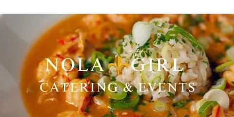 A close-up of a bowl of shrimp and rice with green onions and herbs, featuring the NOLA Girl Catering & Events logo overlay.