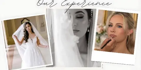 A collage titled 'Our Experience' featuring a bride in a wedding dress and a close-up of a makeup artist applying lip liner to a blonde bride.