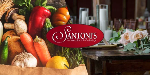 A promotional image for Santoni's Marketplace & Catering featuring a logo over a background of fresh vegetables and a decorated wedding table.