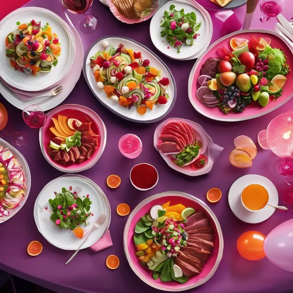 Overhead view of a catering table with multiple plated salads, fruit arrangements, and appetizers on a purple tablecloth.