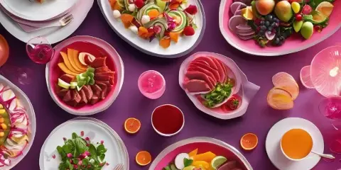 Overhead view of a catering table with multiple plated salads, fruit arrangements, and appetizers on a purple tablecloth.