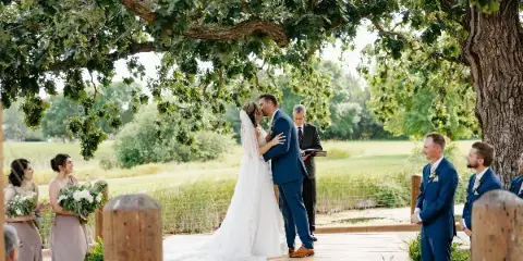 A bride and groom sharing a kiss during an outdoor wedding ceremony on a wooden stage beneath a large oak tree, surrounded by wedding party members.