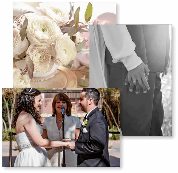 A collage featuring a wedding officiant performing a ceremony for a bride and groom, a close-up of wedding rings, and a white floral bouquet.