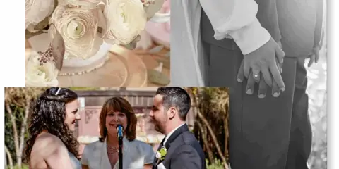 A collage featuring a wedding officiant performing a ceremony for a bride and groom, a close-up of wedding rings, and a white floral bouquet.