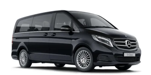 A black Mercedes-Benz V-Class van parked on a white background.