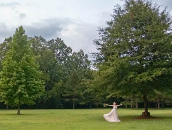 A bride in a white wedding dress standing in a grassy field with large trees in the background.