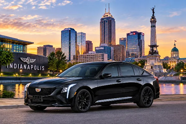 A black luxury sedan parked in front of the Indianapolis city skyline at sunset.