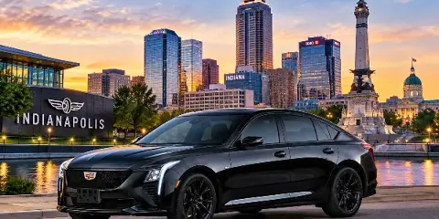 A black luxury sedan parked in front of the Indianapolis city skyline at sunset.