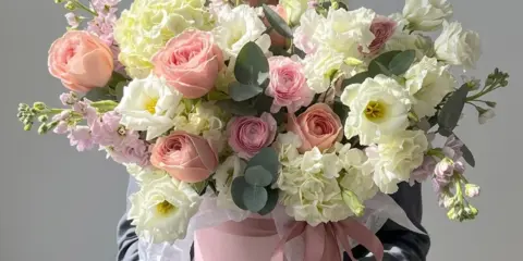 A person holding a large bouquet of pink and white flowers in a pink container.