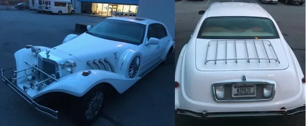 A white stretch limousine parked in a lot, shown from the front and rear.