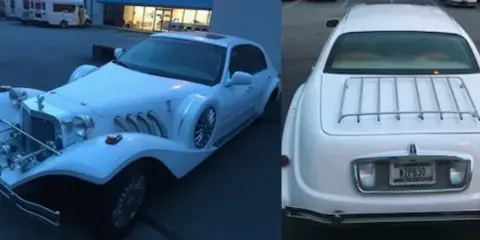 A white stretch limousine parked in a lot, shown from the front and rear.