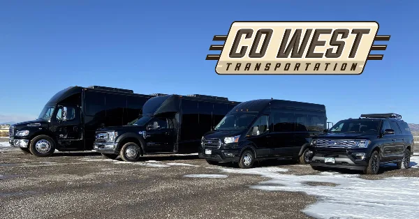 A lineup of black commercial vehicles including coaches, vans, and SUVs parked on a gravel lot under a blue sky.