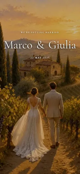 A digital wedding invitation design showing a couple walking through a vineyard with the text 'We're getting married' and names.
