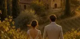 A digital wedding invitation design showing a couple walking through a vineyard with the text 'We're getting married' and names.