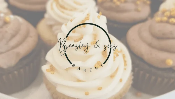 Close-up photograph of cupcakes with white frosting and gold sprinkles, featuring the Beasley & Sons Bakery logo overlay.