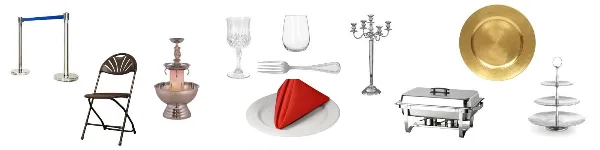 A collection of party and event rental items including a folding chair, candelabra, glassware, china, and a chafing dish.