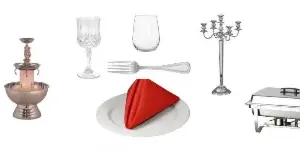 A collection of party and event rental items including a folding chair, candelabra, glassware, china, and a chafing dish.