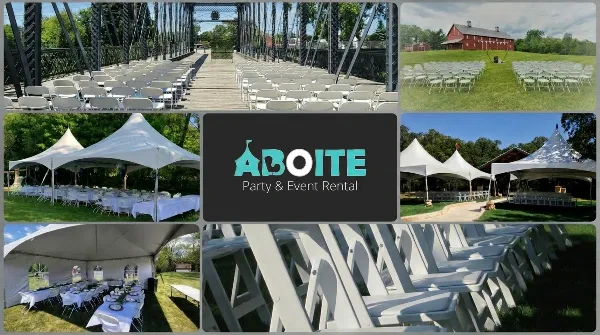 A collage of event setups featuring rows of white folding chairs, white peaked tents, and tables with white linens, centered around the Aboite Party & Event Rental logo.