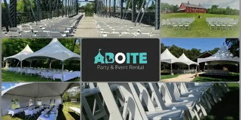 A collage of event setups featuring rows of white folding chairs, white peaked tents, and tables with white linens, centered around the Aboite Party & Event Rental logo.