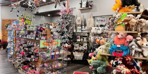 Interior view of a florist and gift shop displaying shelves of plush toys, greeting cards, and floral arrangements.
