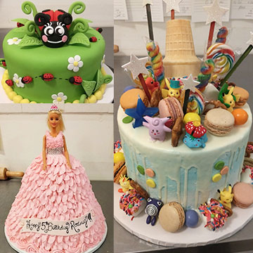 A collage of four custom cakes and confections, including a green cake with a ladybug, a pink Barbie-themed cake, and a blue cake decorated with macarons and lollipops.