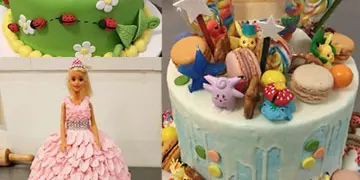 A collage of four custom cakes and confections, including a green cake with a ladybug, a pink Barbie-themed cake, and a blue cake decorated with macarons and lollipops.