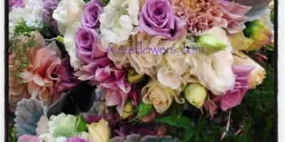 A close-up photograph of a lush floral arrangement with purple roses, white hydrangeas, and pink dahlias.