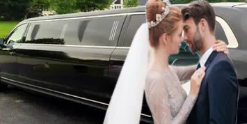 A bride and groom embracing in front of a black stretch limousine.