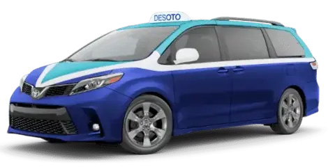 A blue and white DeSoto Cab taxi van with a roof sign, parked on a white background.
