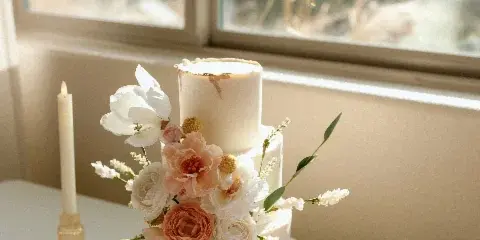 A three-tier white wedding cake decorated with pink and white flowers and gold accents, sitting on a table near a window.