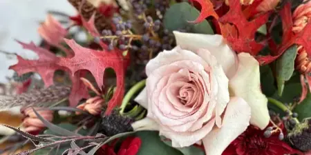 A rustic floral arrangement featuring a central cream rose, red maple leaves, and brown feathers.