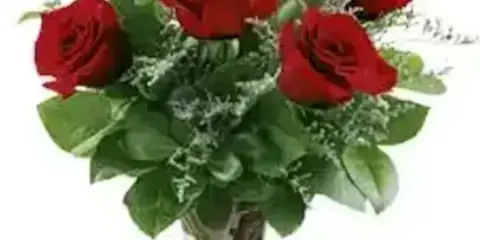 A bouquet of red roses with greenery in a clear glass vase