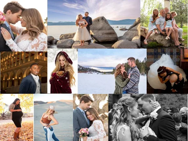 A collage of professional wedding, engagement, and portrait photographs featuring couples and families in various outdoor and indoor settings.