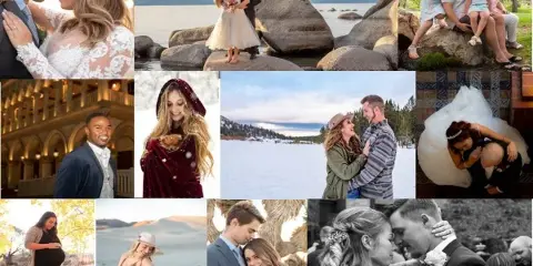 A collage of professional wedding, engagement, and portrait photographs featuring couples and families in various outdoor and indoor settings.