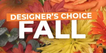 A floral arrangement featuring orange roses, yellow chrysanthemums, and a small pumpkin with the text 'DESIGNER'S CHOICE FALL'.