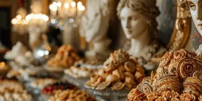 An elegant catering spread featuring an assortment of pastries, tarts, and fresh berries arranged on ornate silver and crystal serving stands in a grand, decorated room.