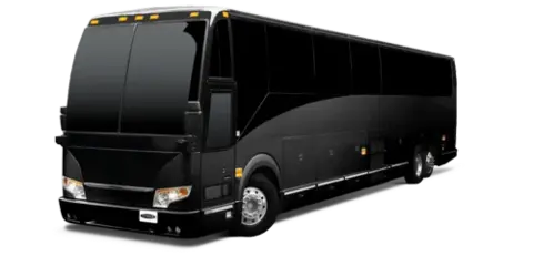A black charter bus parked against a white background.