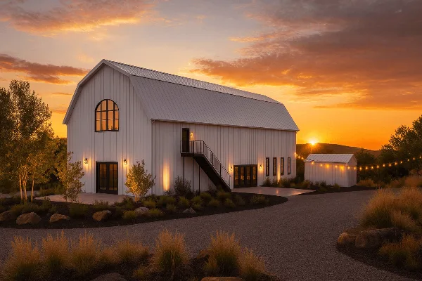 Exterior view of a white barn-style wedding venue at sunset with a gravel driveway and string lights.