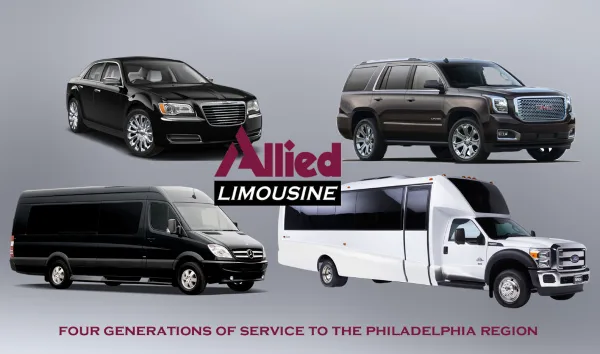 Allied Limousine fleet showing a sedan, SUV, passenger van, and shuttle bus.
