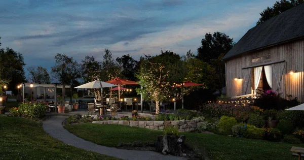 HayLoft In The Grove barn wedding venue at night, WNY