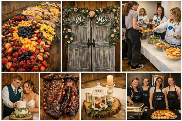 Collage of Simply Delicious Catering staff serving food, BBQ ribs, fruit platters, and a wedding reception scene.