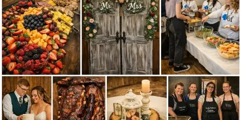 Collage of Simply Delicious Catering staff serving food, BBQ ribs, fruit platters, and a wedding reception scene.