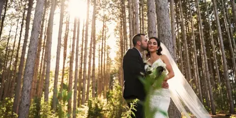A bride and groom embracing in a sunlit forest, with the bride holding a bouquet and wearing a veil.