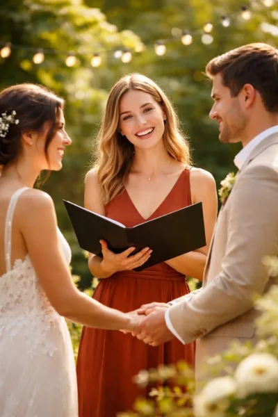 A woman in a rust-colored dress officiates a wedding ceremony, holding a black book while standing between a bride and groom.