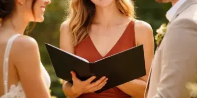 A woman in a rust-colored dress officiates a wedding ceremony, holding a black book while standing between a bride and groom.
