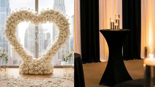 A split image showing a white rose heart arch with a neon sign and a black draped event space with a pedestal table.