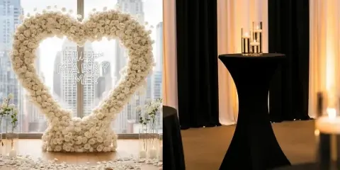 A split image showing a white rose heart arch with a neon sign and a black draped event space with a pedestal table.