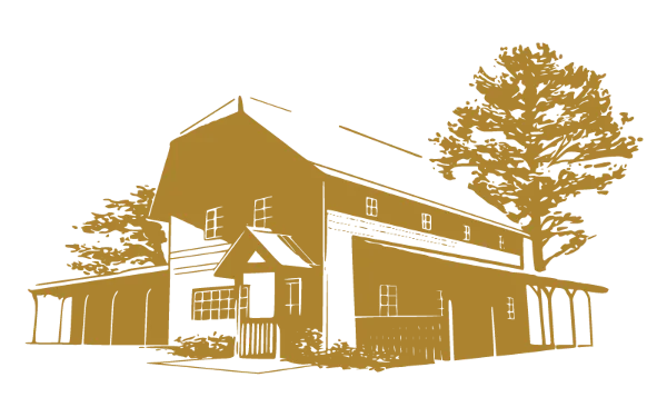 Illustration of The Springhouse building exterior featuring a barn-style structure and trees.