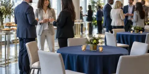 Guests mingling beside event tables at an indoor business reception