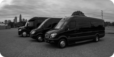 A fleet of black luxury vans and Sprinters parked in a row.